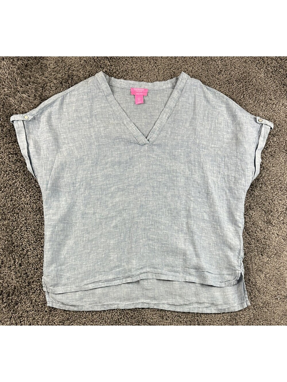 Isaac Mizrahi New York 100% Linen Top XL Light Blue Short Sleeve V-Neck Blouse